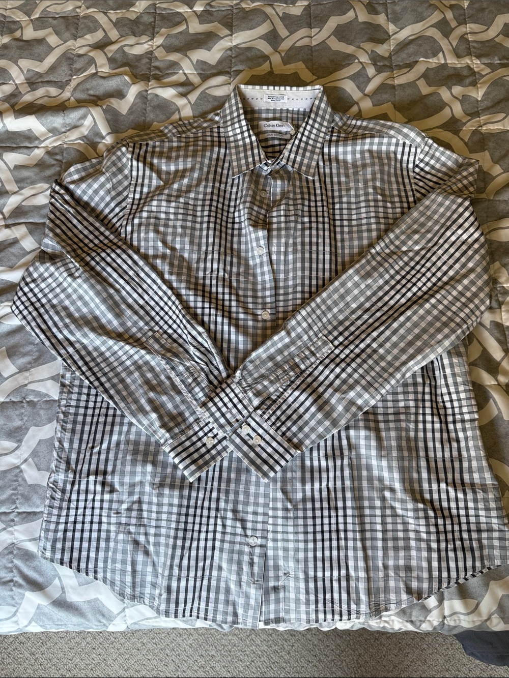 Calvin Klein Gray and White Plaid Dress Shirt